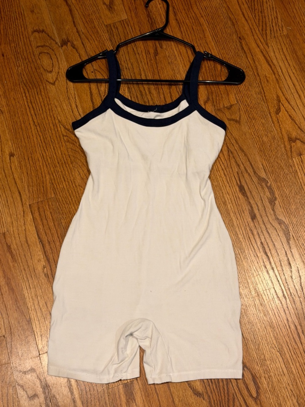 SKIMS White Ribbed Romper with Navy Trim, Size Medium